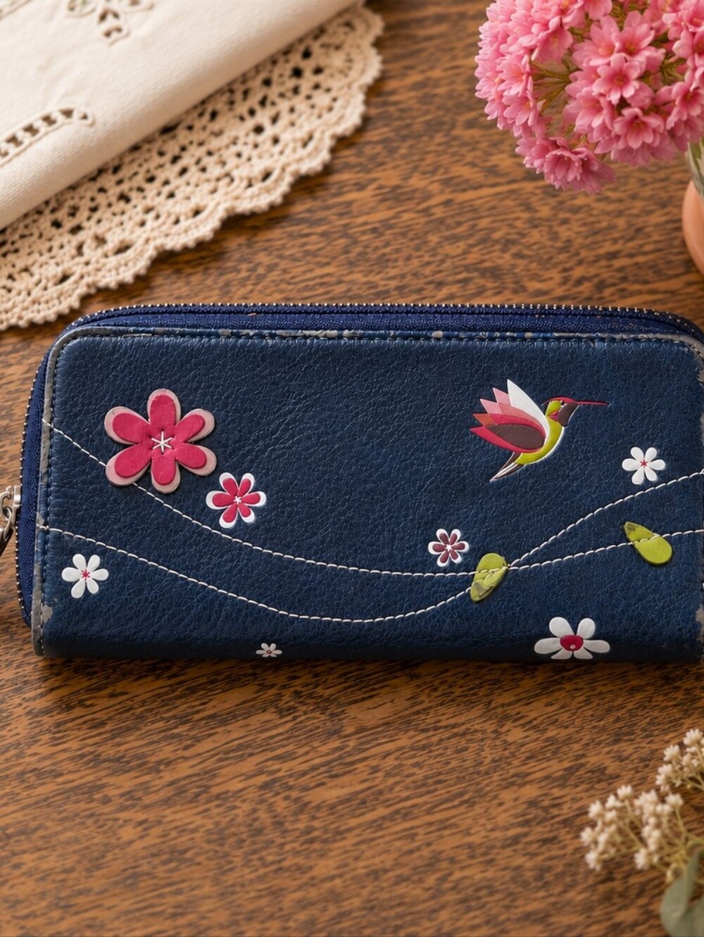 Sakroots Blue Hummingbird Floral Zip Around Wallet